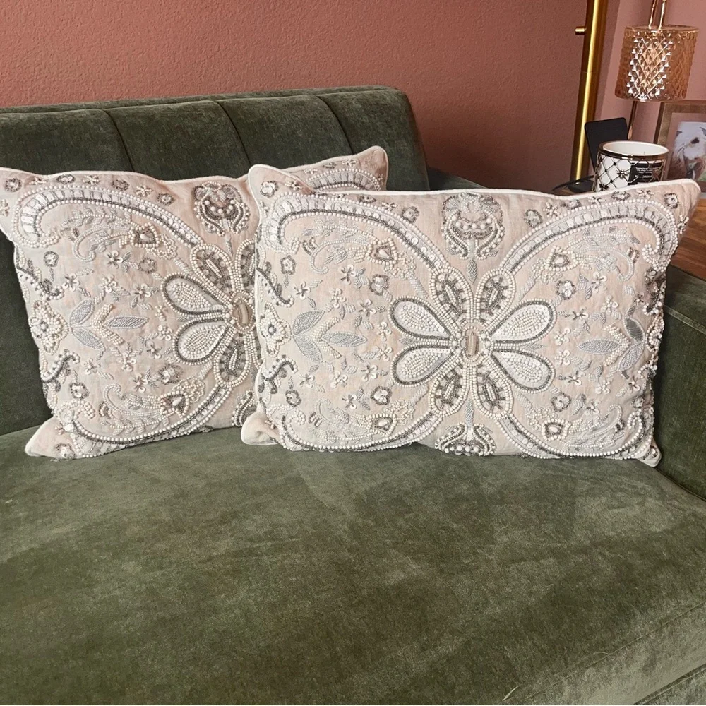 NOBLE EXCELLENCE® Two Embroidered Jeweled Tan Cream‎ & Silver Decorative Pillows